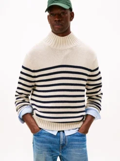 Tommy Hilfiger Pullover & Sweatshirts|Big Boys*BRETON COTTON STRIPE MOCK NECK oatmilk htr-desert sky