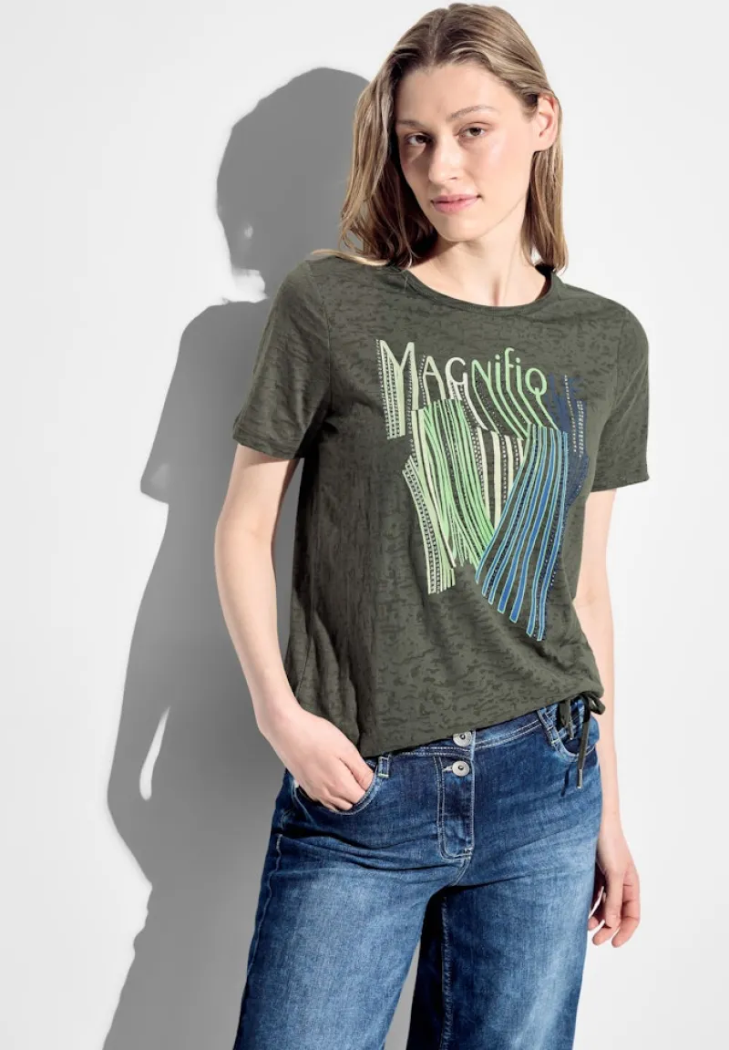 Cecil Shirts*Burn Out T-Shirt mit Print cool khaki