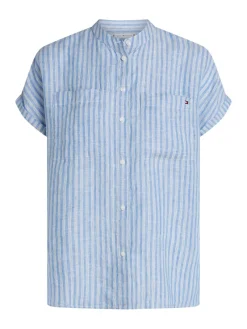 Tommy Hilfiger Blusen*ESS LINEN COLLARLESS S/S BLOUSE multiple stp- blue spell