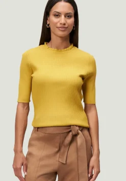 Zero Pullover & Sweatshirts*Feinstrickpullover kurzarm mit Rüschenkante oil yellow