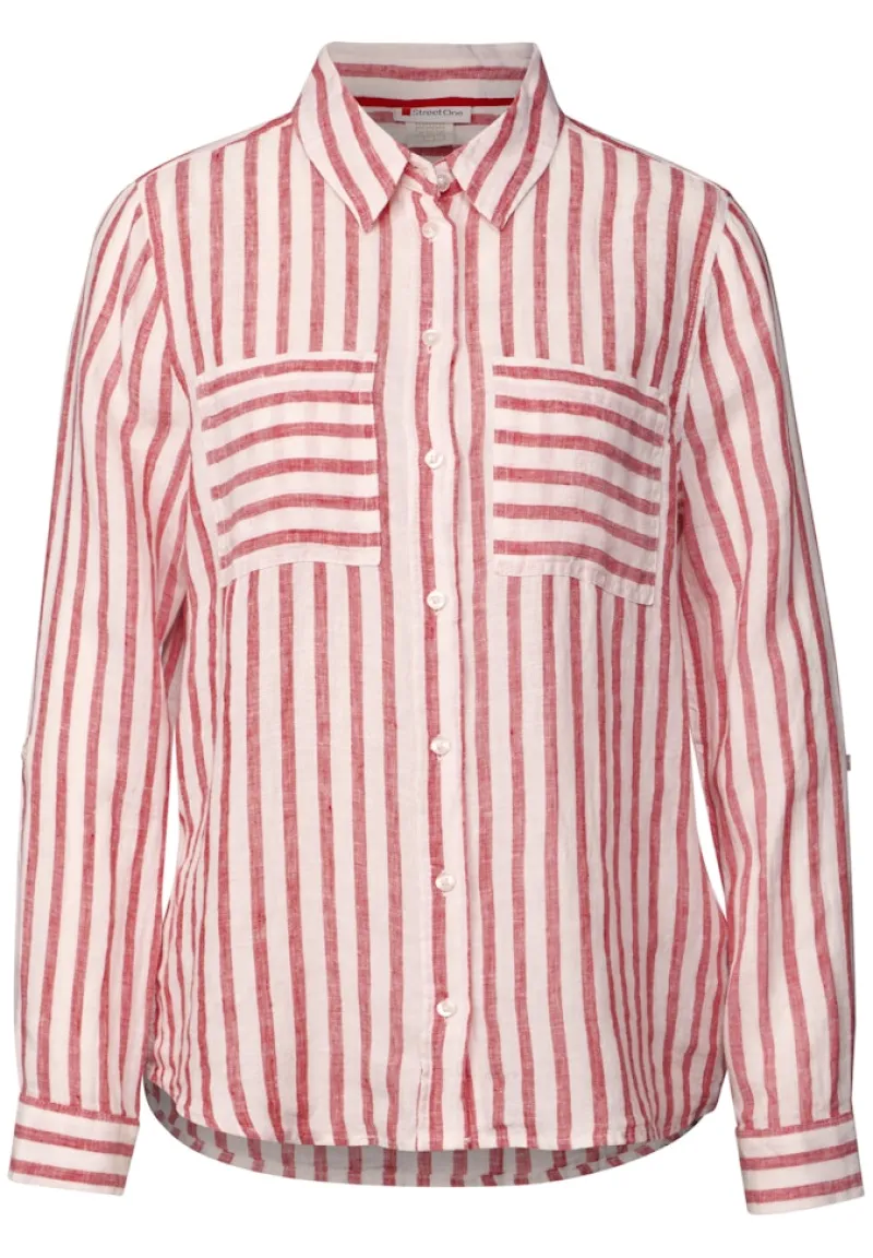 Street One Blusen*Gestreifte Leinen-Hemdbluse glory red