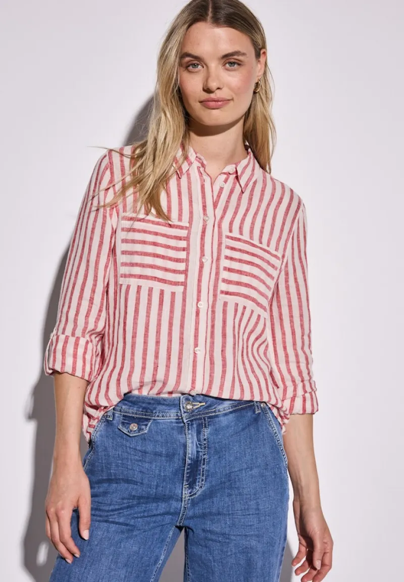 Street One Blusen*Gestreifte Leinen-Hemdbluse glory red