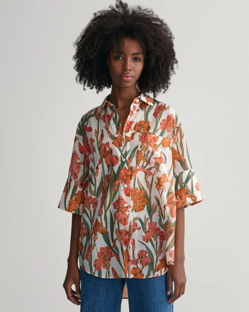 Gant Blusen*Iris Baumwoll Seiden Kurzarmbluse mit Print eggshell