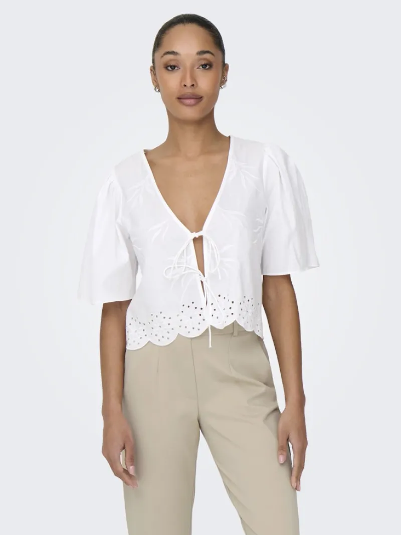 JDY Blusen*ALICE S/S TIE TOP WVN Bright White