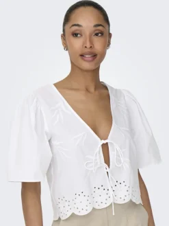 JDY Blusen*ALICE S/S TIE TOP WVN Bright White