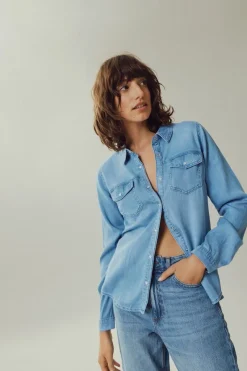 Vila Blusen*Jeansbluse Medium Blue Denim