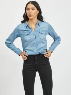 Vila Blusen*Jeansbluse Medium Blue Denim