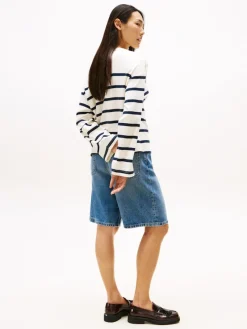 Tommy Hilfiger Shirts*LWK GOLD BUTTON BOAT-NK LS TEE ivory silk-dark night navy stp