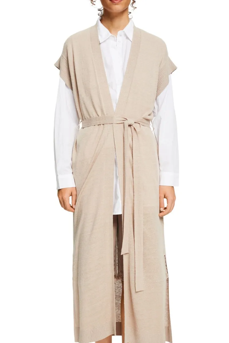 Esprit Pullover & Sweatshirts*Mit Leinen: lange Weste mit Bindegürtel light taupe