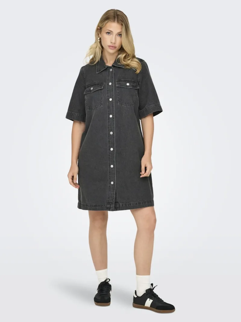 Only Kleider*ONLBELLE S/S BUTTON DRESS DNM GUA NOOS Washed Black