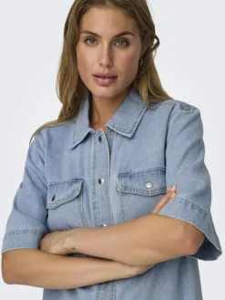 Only Kleider*ONLBELLE S/S BUTTON DRESS DNM GUA NOOS Light Blue Denim