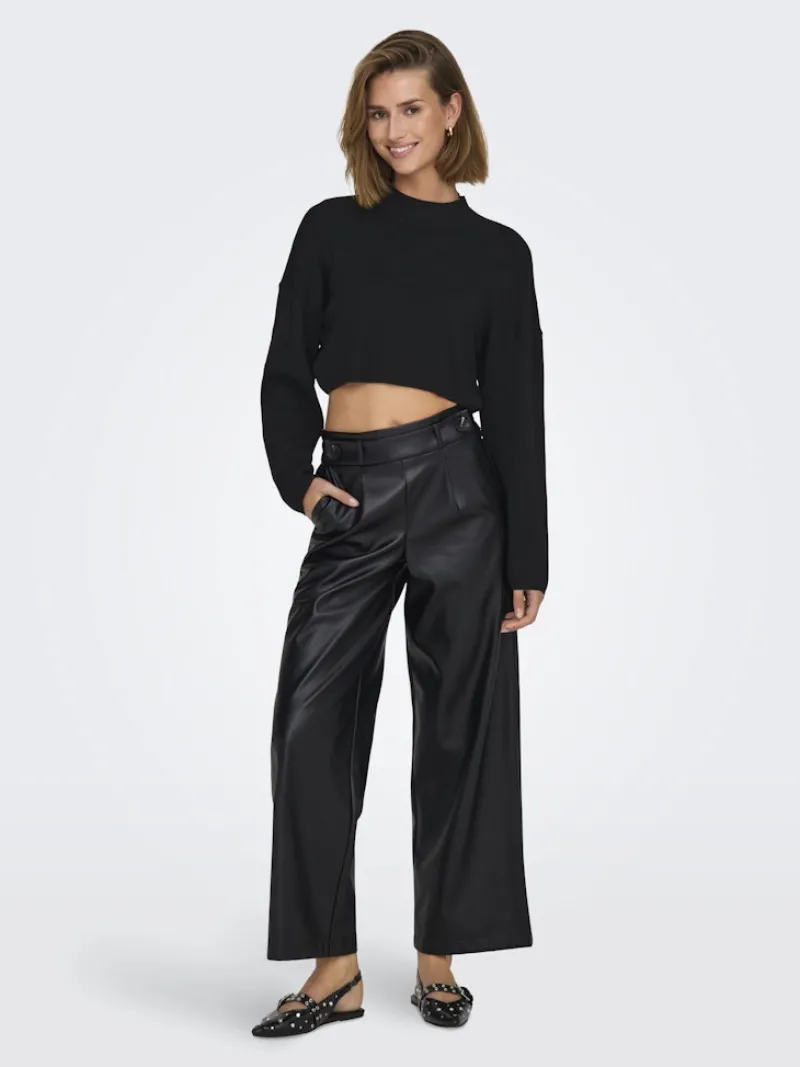 Only Hosen*ONLBINA FAUX LEATHER WIDE PANT BF OTW Black
