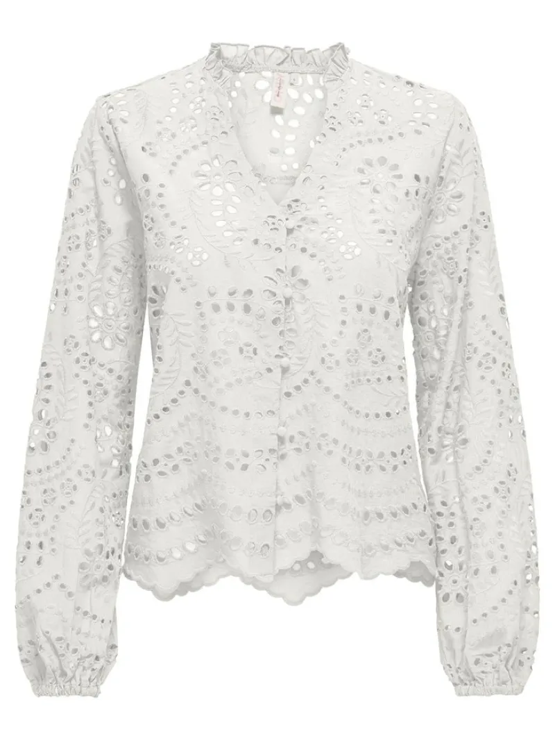 Only Blusen*ONLBINE LALISA LS V-NECK EMB TOP WVN Cloud Dancer