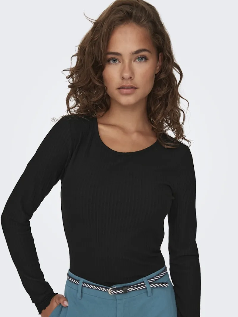 Only Shirts*ONLEMMA L/S O-NECK SHORT TOP NOOS JRS Black