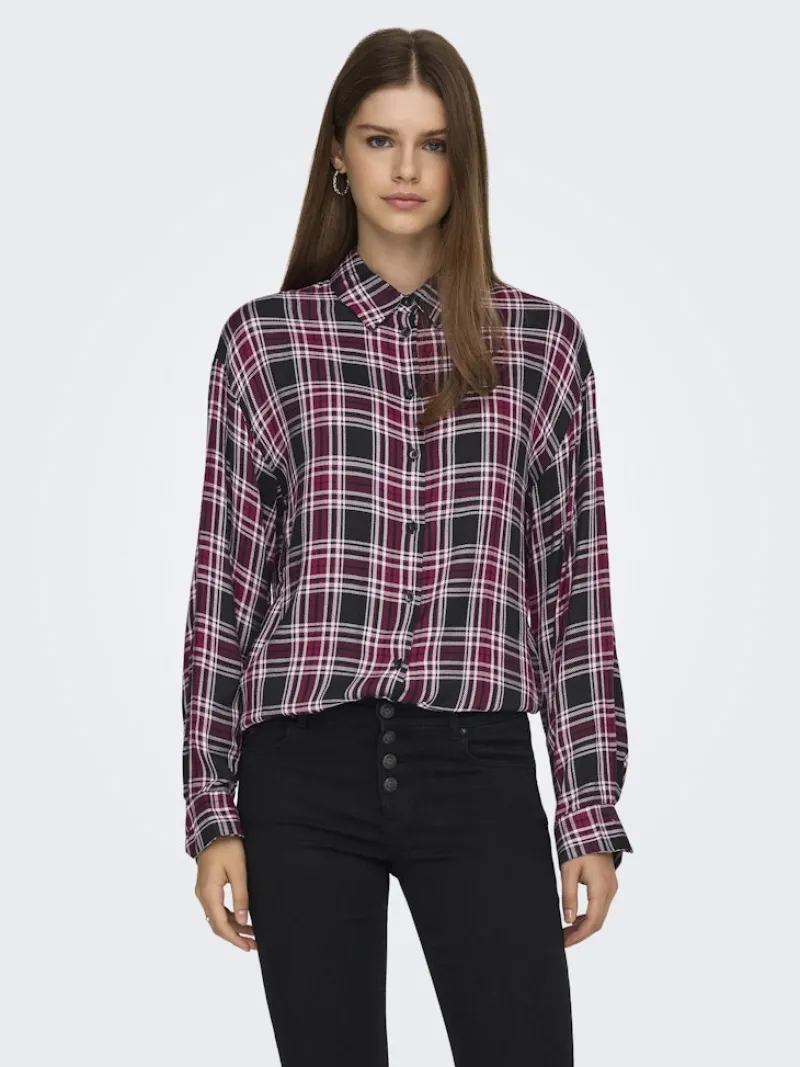 Only Blusen*ONLEVIA CHECK L/S LOOSE SHIRT WVN tawny port