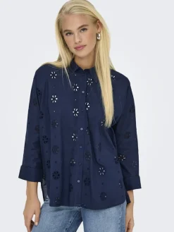 Only Blusen*ONLNEW LINA GRACE LS BROD ANGL SHIRT WVN Black Iris