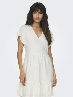 Only Kleider*ONLSANDRA S/S V-NECK DRESS JRS NOOS Cloud Dancer