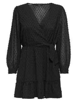 Only Kleider*ONLTIVA L/S DOBBY WRAP DRESS NOOS WVN Black