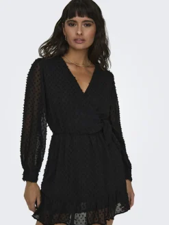 Only Kleider*ONLTIVA L/S DOBBY WRAP DRESS NOOS WVN Black