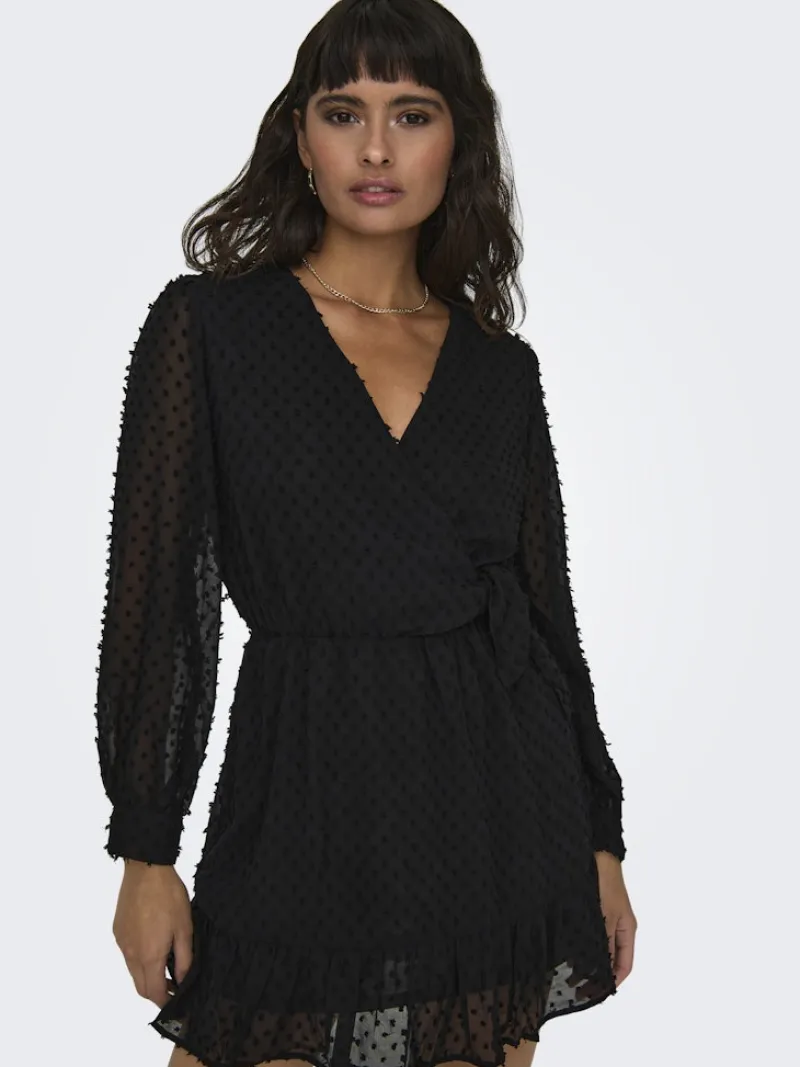 Only Kleider*ONLTIVA L/S DOBBY WRAP DRESS NOOS WVN Black
