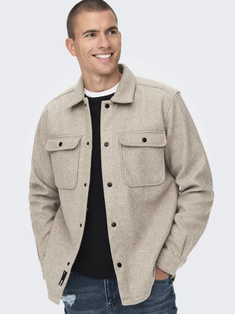 Only & Sons Hemden*ONSASH OVR WOOLEN LOOK PKT LS SHIRT NOOS chinchilla