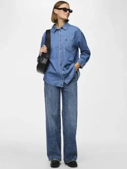 Pieces Blusen*PCMAISIE LS DENIM SHIRT NOOS BC Medium Blue Denim