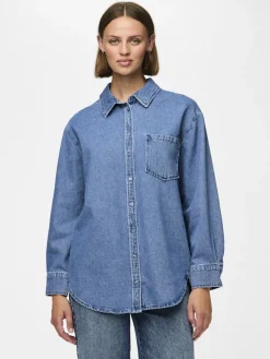 Pieces Blusen*PCMAISIE LS DENIM SHIRT NOOS BC Medium Blue Denim
