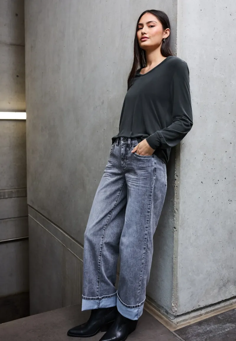 STREET ONE STUDIO Shirts*Silk-Look V-Neck Shirt Black