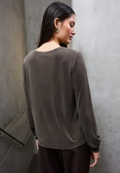 STREET ONE STUDIO Shirts*Silk-Look V-Neck Shirt dark auburn brown