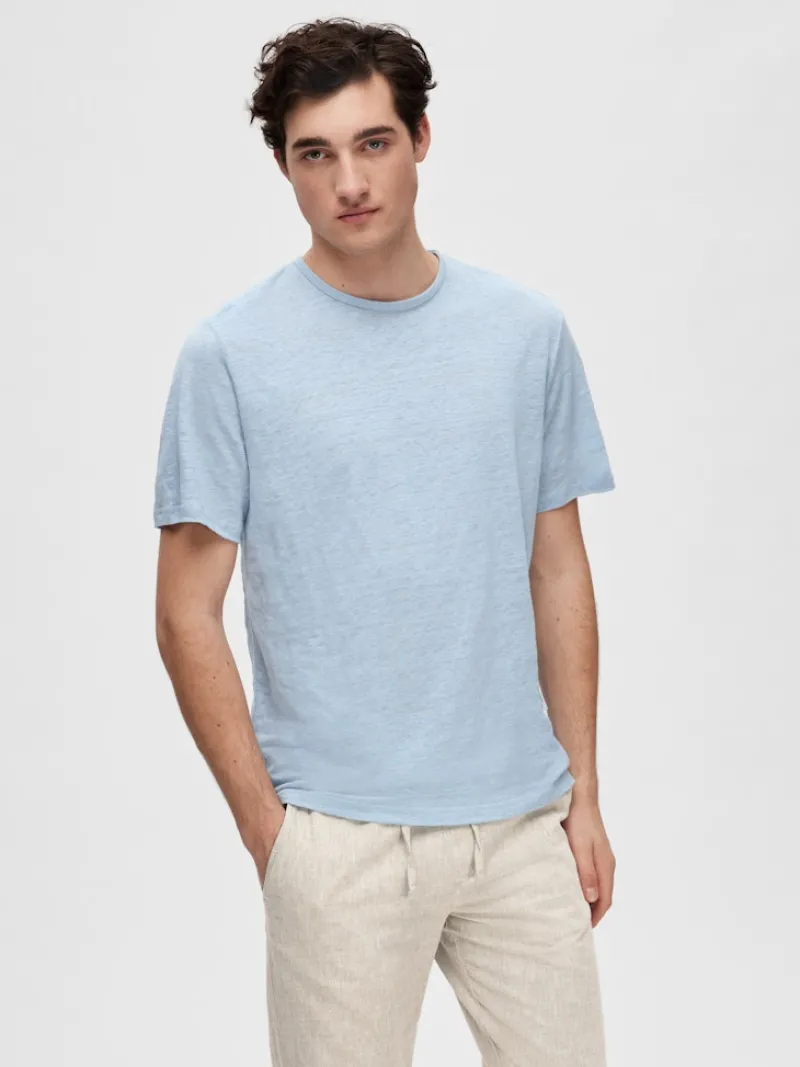 Selected Shirts*SLHBET LINEN SS O-NECK TEE Cashmere Blue