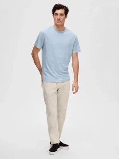 Selected Shirts*SLHBET LINEN SS O-NECK TEE Cashmere Blue