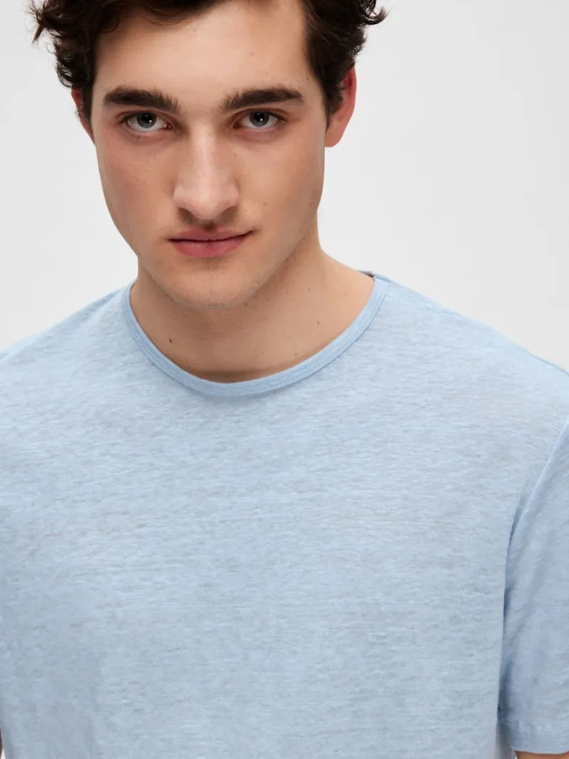 Selected Shirts*SLHBET LINEN SS O-NECK TEE Cashmere Blue