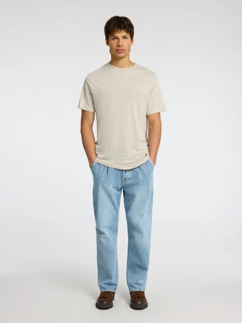 Selected Shirts*SLHBET LINEN SS O-NECK TEE oatmeal