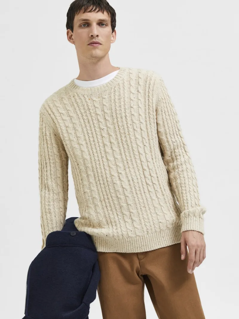 Selected Pullover & Sweatshirts*SLHHENRY LS KNIT CABLE CREW NECK W oatmeal