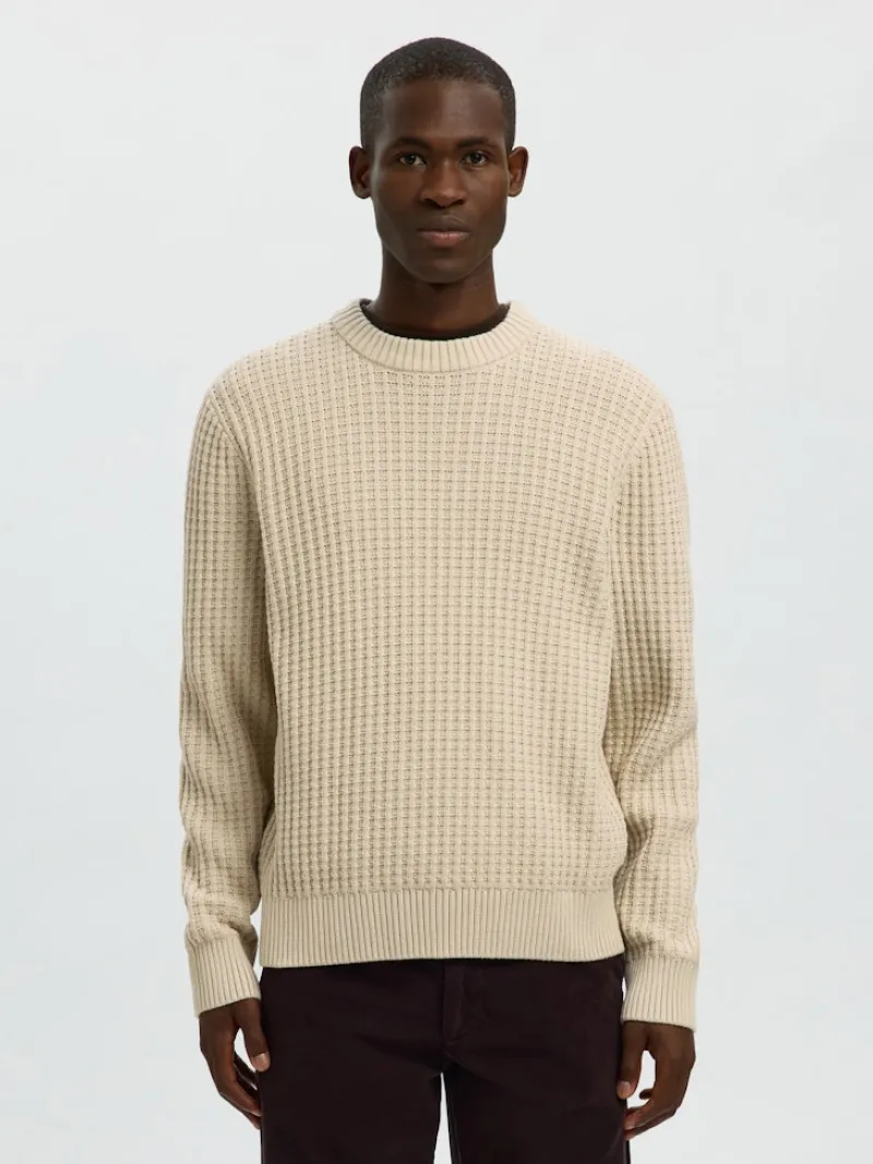 Selected Pullover & Sweatshirts*SLHTOM LS KNIT STRUCTURE CREW NECK oatmeal