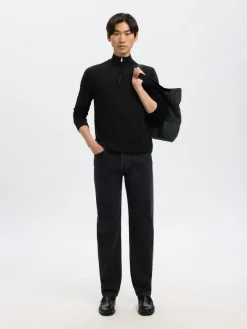 Selected Pullover & Sweatshirts*SLHTRAY LS KNIT MERINO HALF ZIP NOOS Black