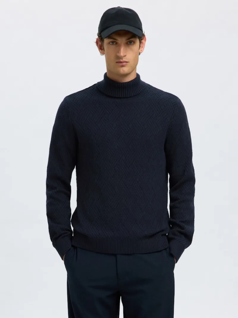 Selected Pullover & Sweatshirts*SLHTREVOR LS KNIT STRUCTURE ROLL NECK Sky Captain