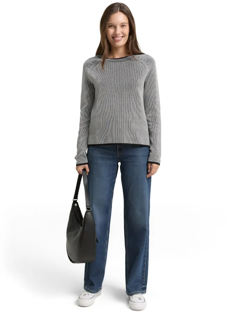 Tom Tailor Pullover & Sweatshirts*Strickpullover mit Rundhalsausschnitt black white plaited knit