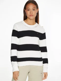 Tommy Hilfiger Pullover & Sweatshirts*STRIPED BUTTON C-NK SWEATER rugby stp horizontal - d sky ecru