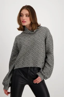 Monari Pullover & Sweatshirts*Sweatshirt mit Fischgrat-Muster schwarz gemustert