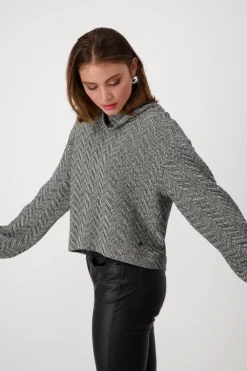 Monari Pullover & Sweatshirts*Sweatshirt mit Fischgrat-Muster schwarz gemustert