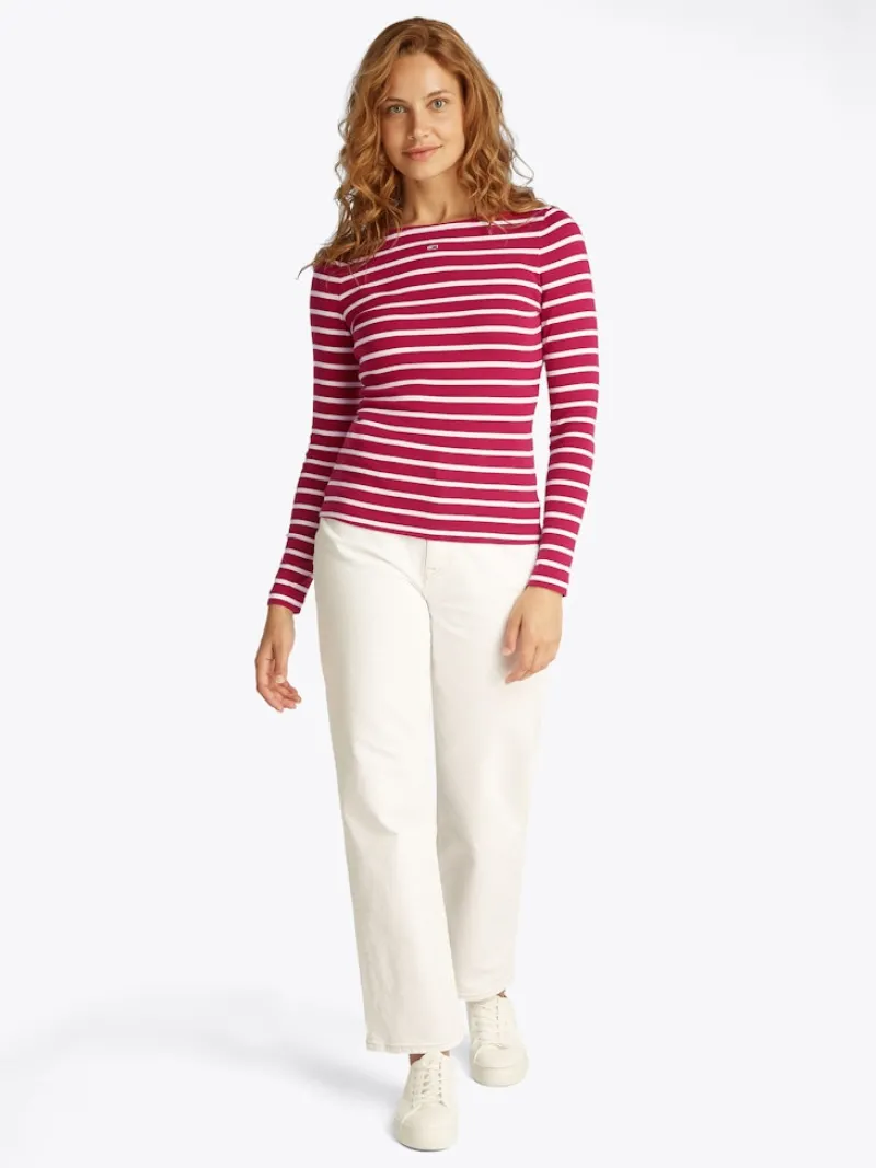Tommy Jeans Shirts*TJW BOAT NECK TOP LS brilliant berry - stripe