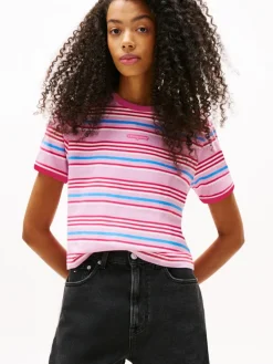 Tommy Jeans Shirts*TJW REG SH SCRIPT STRIPE TEE carnival pink - stripe