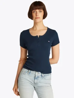 Tommy Jeans Shirts*TJW SLIM BUTTON RIB C-NECK SS dark night navy