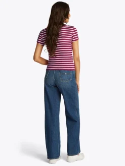 Tommy Jeans Shirts*TJW SLIM BUTTON RIB C-NECK SS brilliant berry - stripe