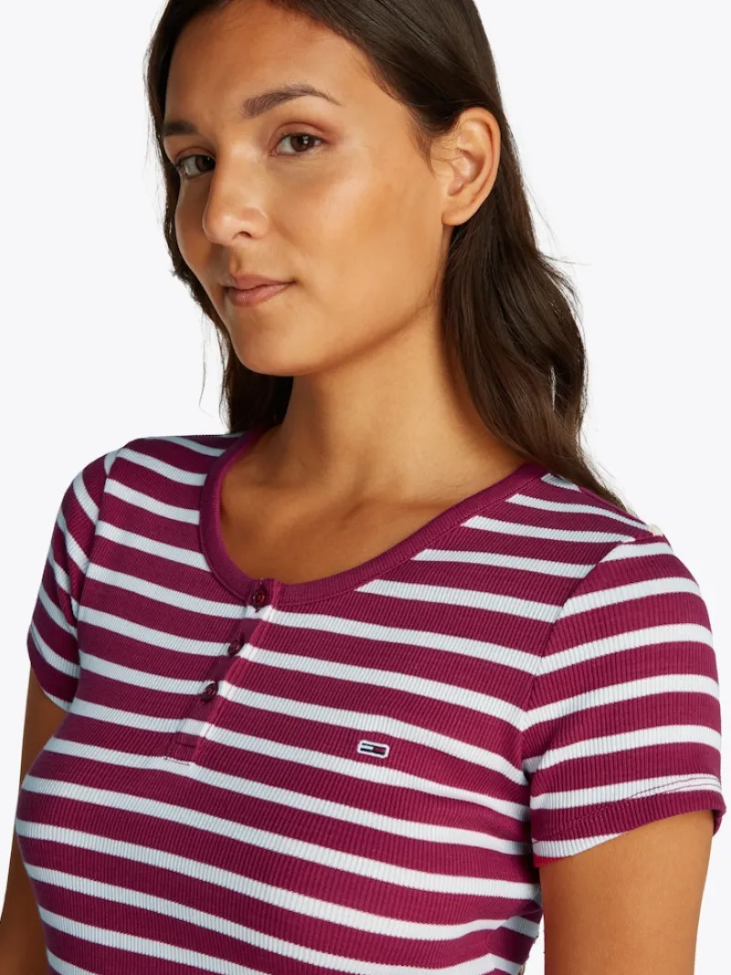 Tommy Jeans Shirts*TJW SLIM BUTTON RIB C-NECK SS brilliant berry - stripe