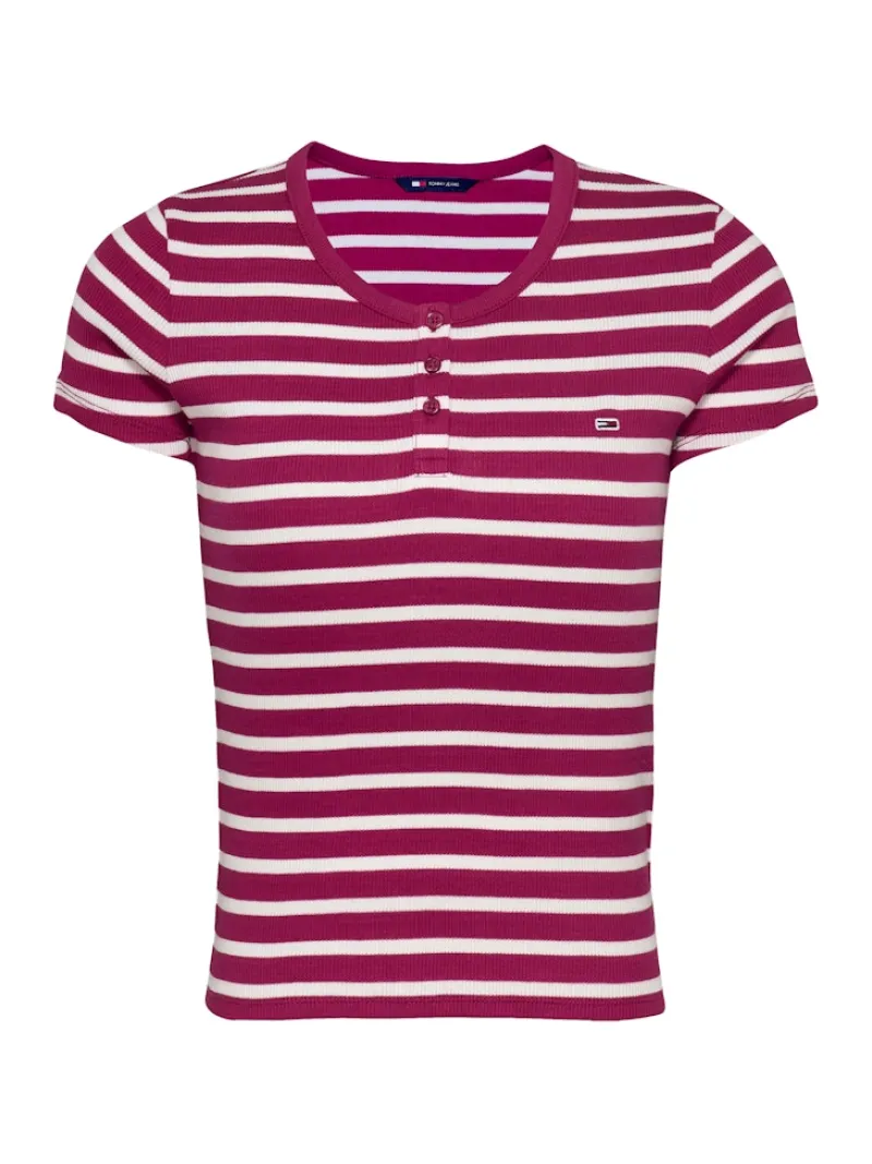 Tommy Jeans Shirts*TJW SLIM BUTTON RIB C-NECK SS brilliant berry - stripe