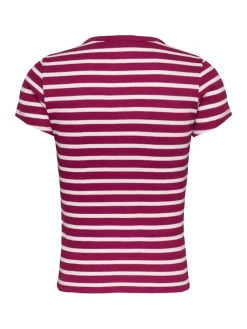 Tommy Jeans Shirts*TJW SLIM BUTTON RIB C-NECK SS brilliant berry - stripe