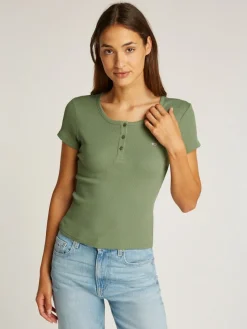 Tommy Jeans Shirts*TJW SLIM BUTTON RIB C-NECK SS aruba green