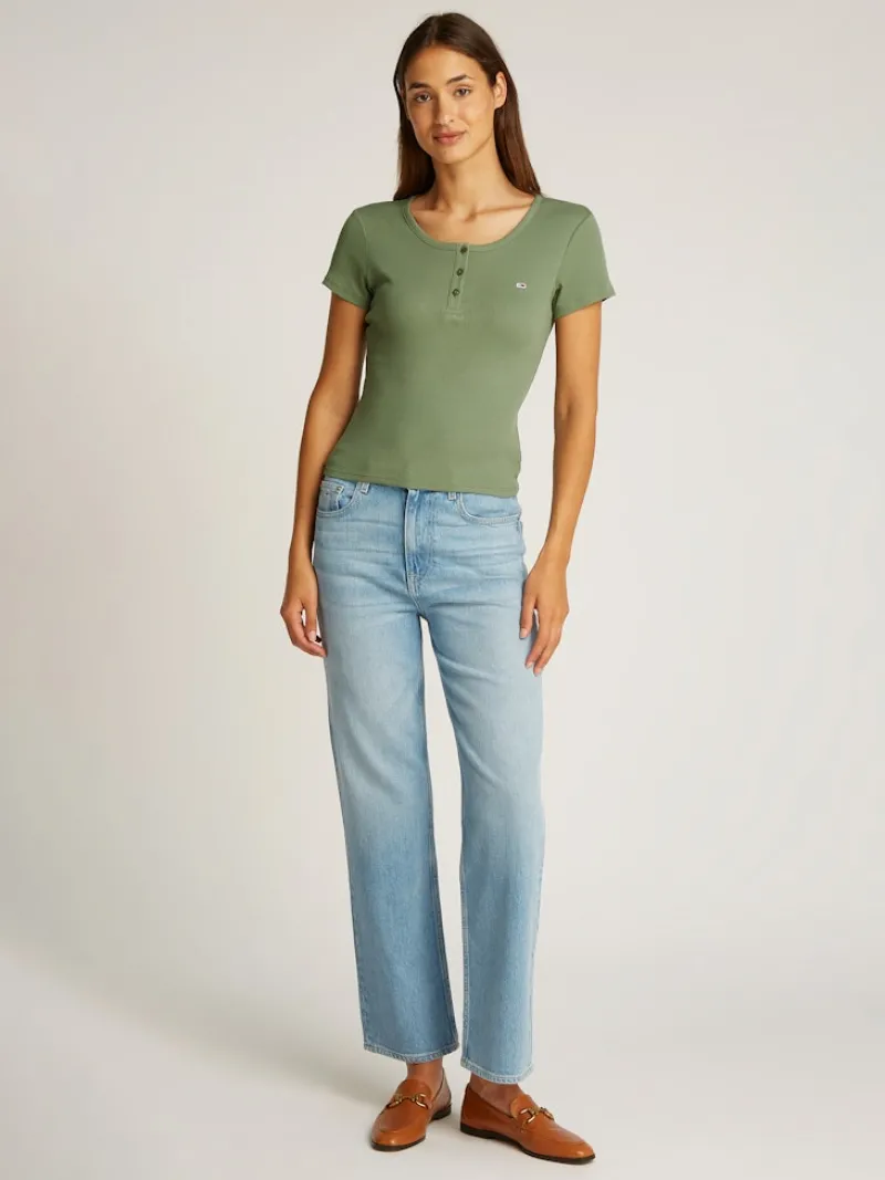 Tommy Jeans Shirts*TJW SLIM BUTTON RIB C-NECK SS aruba green